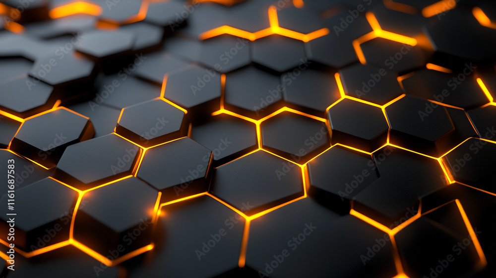 Hexagonal pattern with glowing orange lines creates a modern, dynamic abstract design