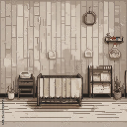 Pixel art of a cozy baby room featuring a crib and a dresser.