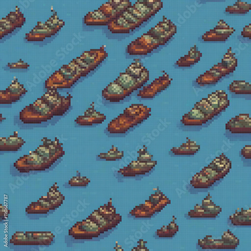 Pixel art depicting a fleet of ships sailing on a serene water body.