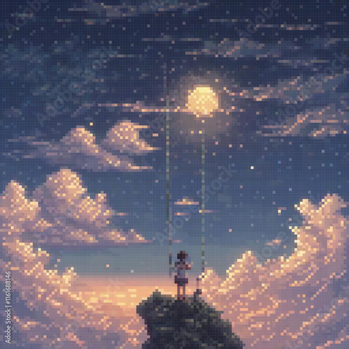 Pixel art swinging under a moonlit sky