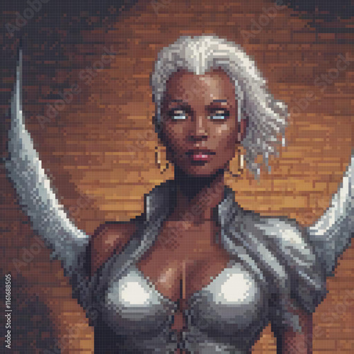 Ethereal woman with flowing white hair and delicate wings, poised before a rustic brick wall.