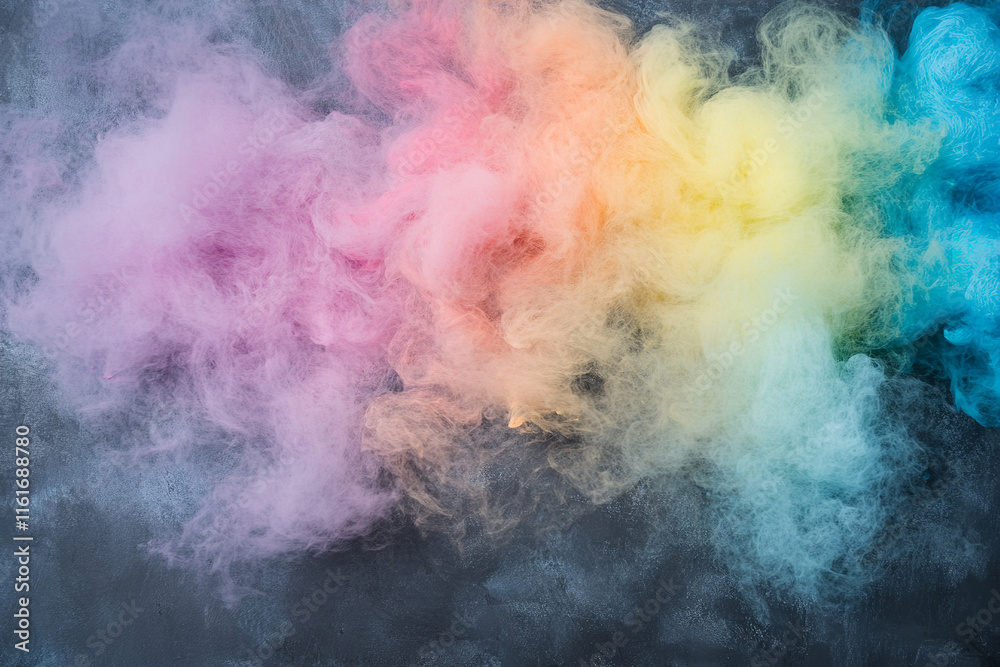 Naklejka premium The image shows a vibrant cloud of pastel colors, including pink, yellow, green, and blue, against a dark, textured background