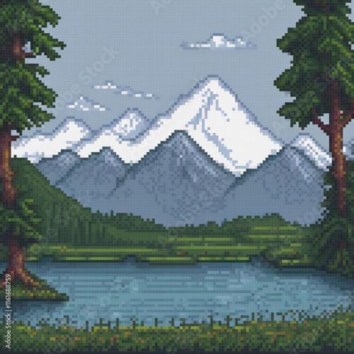 Pixel art depicting a serene mountain lake surrounded by lush trees and majestic mountains.