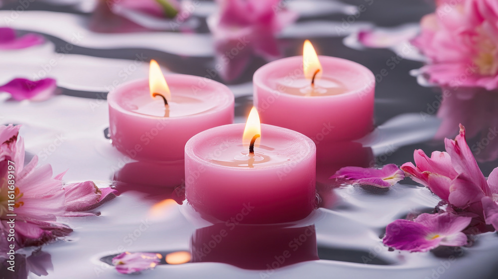 Three pink candles float in water surrounded by vibrant flowers, creating serene and calming atmosphere. gentle glow of flames enhances tranquil setting Three pink candles float in water surrounded by vibrant flowers, creating serene and calming atmosphere. gentle glow of flames enhances tranquil setting