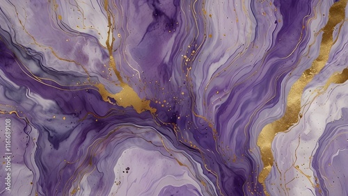 Violet lavender liquid watercolor marble background with golden lines. Pastel purple periwinkle alcohol ink drawing effect. Generative AI