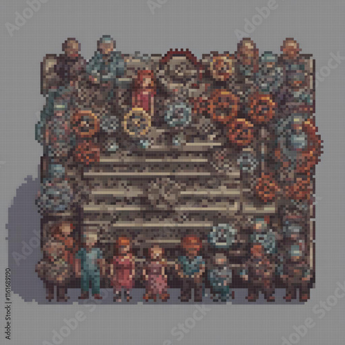 Pixel art depicting a lively group in front of a vibrant wall.