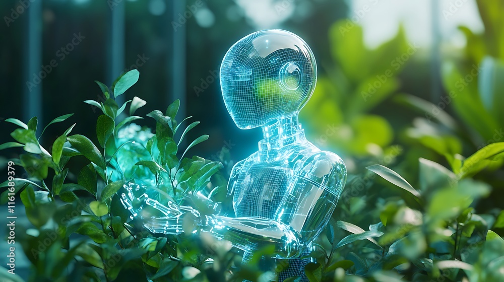a blue glowing robot in green plant and care of the plants a blue glowing robot in green plant and care of the plants