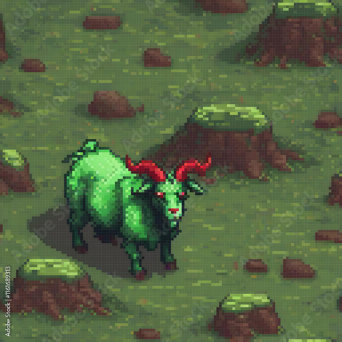 Vintage pixel art of a vibrant green goat with striking red horns, standing proudly in a lush field.