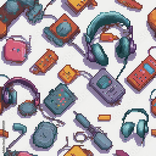 Pixel art showcasing diverse electronic gadgets on a pristine white backdrop.