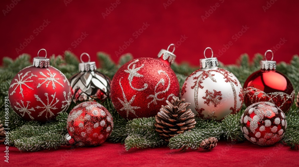 Festive Red and White Christmas Ornaments with Pine Festive Red and White Christmas Ornaments with Pine