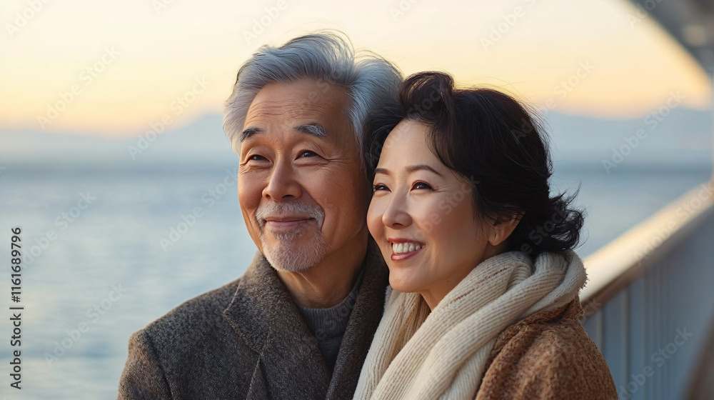 An elderly Asian couple on a cruise ship embrace the joy of companionship while enjoying a serene ocean view; perfect for travel ads, anniversary promotions, or lifestyle blogs. An elderly Asian couple on a cruise ship embrace the joy of companionship while enjoying a serene ocean view; perfect for travel ads, anniversary promotions, or lifestyle blogs.