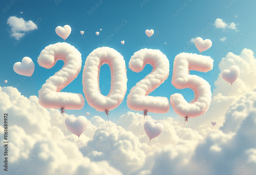 Fototapeta premium Cloud Balloons of 2025: A Dreamy, Romantic New Year's Image