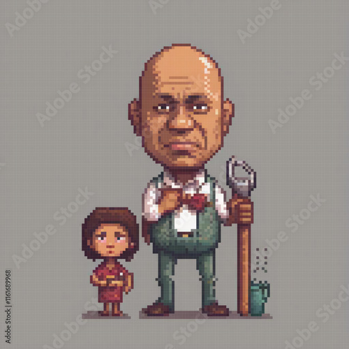 Pixel art depicting a man and a little girl sharing a moment.