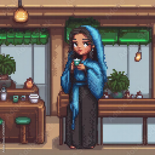 Woman in blue robe at coffee shop, pixel art style