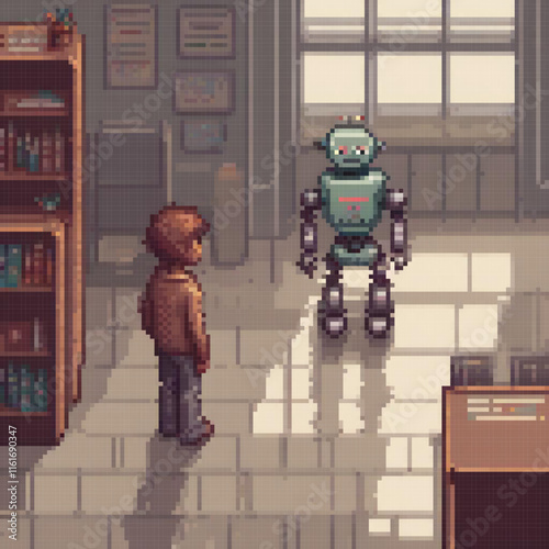 Pixel art boy with robot in library setting