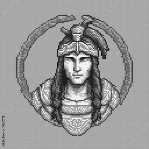 Stunning pixel art of a woman with flowing long hair, captured in black and white.