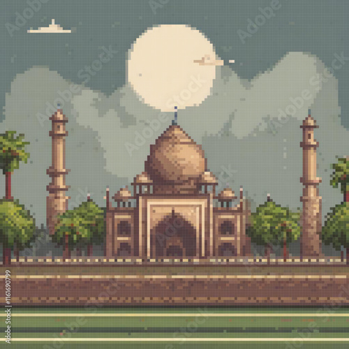 Stunning pixel art of the iconic Taj Mahal, showcasing its intricate beauty in a digital format.