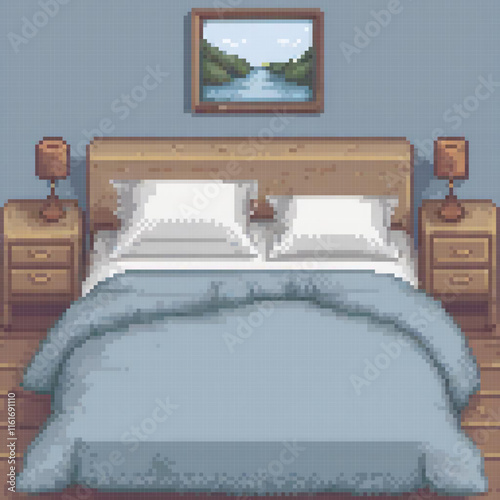 Pixel art of a cozy bedroom with a bed, nightstands, and a charming painting.