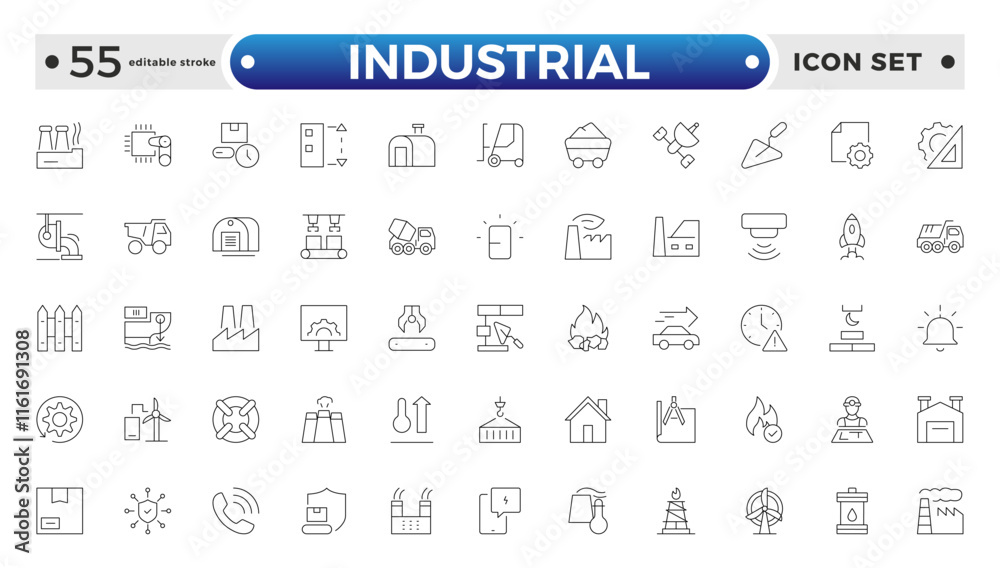 Industrial factories outline icons set. Factory icon illustration. Industry power, chemical manufacturing building warehouse nuclear energy plant. Pack of renovation. Editable stroke outline icon. 