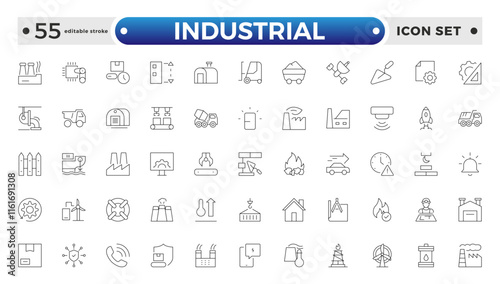 Industrial factories outline icons set. Factory icon illustration. Industry power, chemical manufacturing building warehouse nuclear energy plant. Pack of renovation. Editable stroke outline icon. 