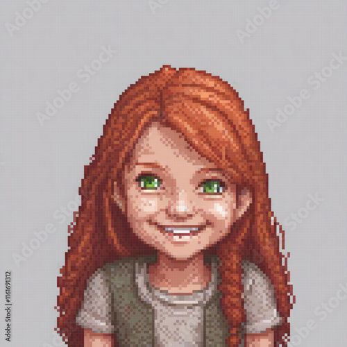 Cute pixel art girl with red hair and green eyes smiling at the camera.