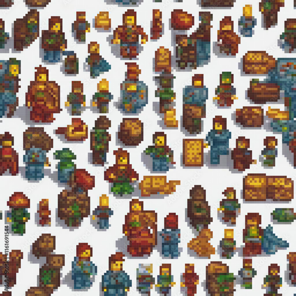 Pixel art ensemble of vibrant characters in a classic pixel art style.