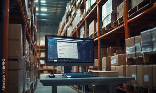 A computer setup in a warehouse, managing inventory and logistics.