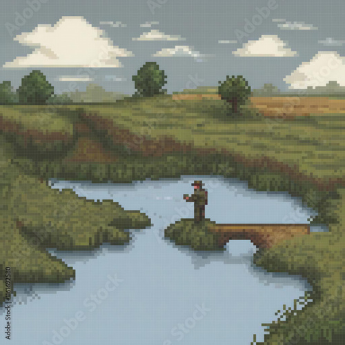 Pixel art depicting a man on a bridge over a serene river.