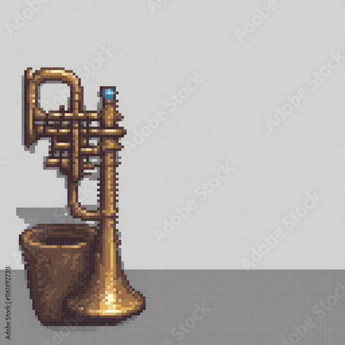 Brass trumpet in pixel art, elegantly perched on a table.