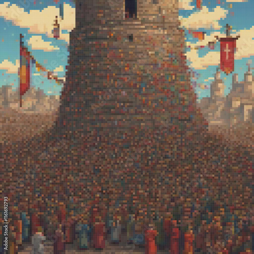 Pixel art depicting a bustling crowd in front of a towering structure.