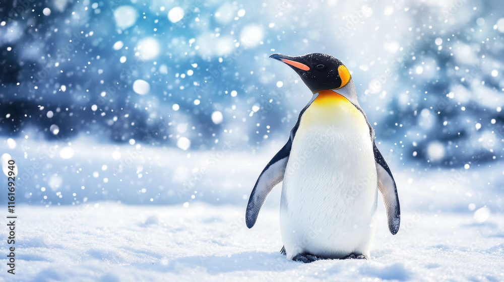 Obraz premium majestic emperor penguin stands in snow, surrounded by falling snowflakes, showcasing beauty of winter wildlife. This serene scene captures essence of snowy landscape