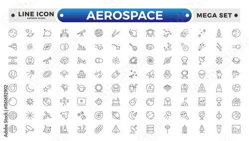 Aerospace icon of science observatory, satellite and rocket .space and planet outline Icons, thin line style. Contains such Icons as space, planet, alien, solar, stars.  Editable stroke outline icon. 