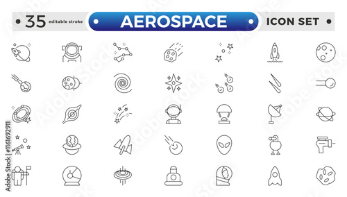 Aerospace icon of science observatory, satellite and rocket .space and planet outline Icons, thin line style. Contains such Icons as space, planet, alien, solar, stars.  Editable stroke outline icon. 