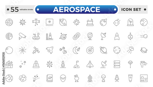 Aerospace icon of science observatory, satellite and rocket .space and planet outline Icons, thin line style. Contains such Icons as space, planet, alien, solar, stars.  Editable stroke outline icon. 