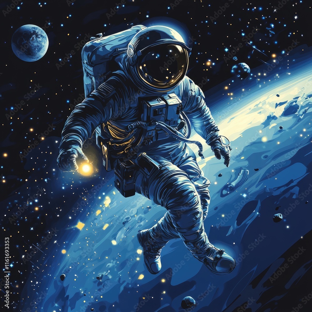 Fototapeta premium Astronaut spacewalking, Earth below, stars.