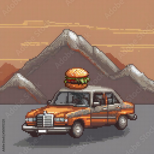 Pixel art of a car with a hamburger on top, cruising down a road.