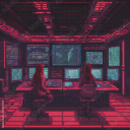 Pixel art depicting two individuals engrossed in work at a modern desk setup with multiple screens.