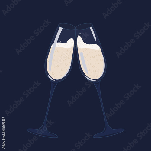 Uroczysty toast. Dwa stukające się kieliszki do szampana, z rozpryskującymi się bąbelkami.