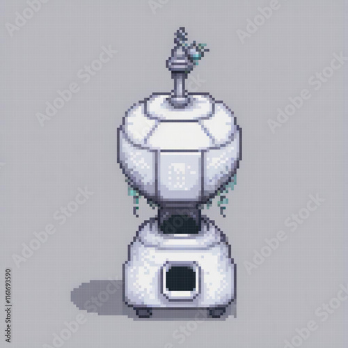 Cute white robot with a vibrant blue light, perfect for pixel art enthusiasts.