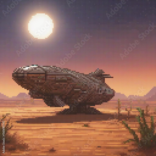 Pixel art spaceship soars over lunar desert