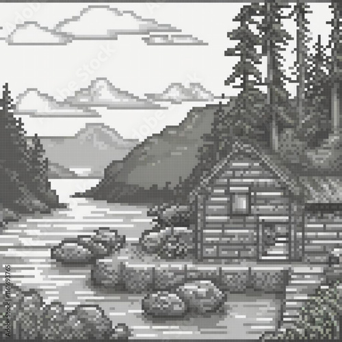 Pixel art depicting a serene cross stitch cabin by a lake.