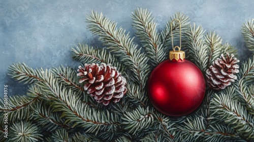 Festive Red Ornament Nestled Among Snowy Pine Branches