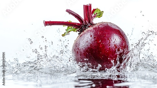 A fresh beetroot splashes into water, showcasing vibrant color and healthy freshness. photo