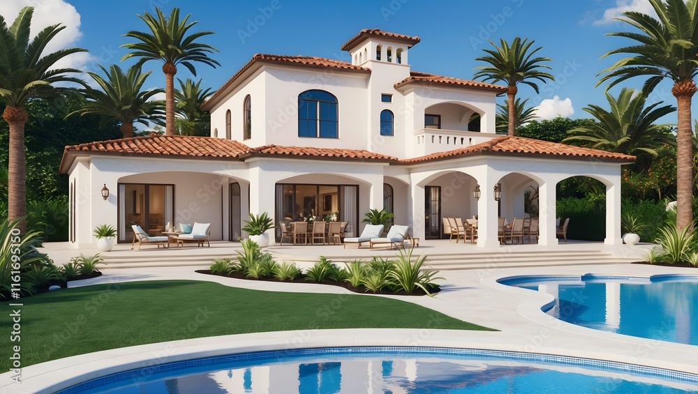 Middle Eastern - Mediterranean style luxury house with swimming pool and large garden. Ai Generative. Middle Eastern - Mediterranean style luxury house with swimming pool and large garden. Ai Generative.