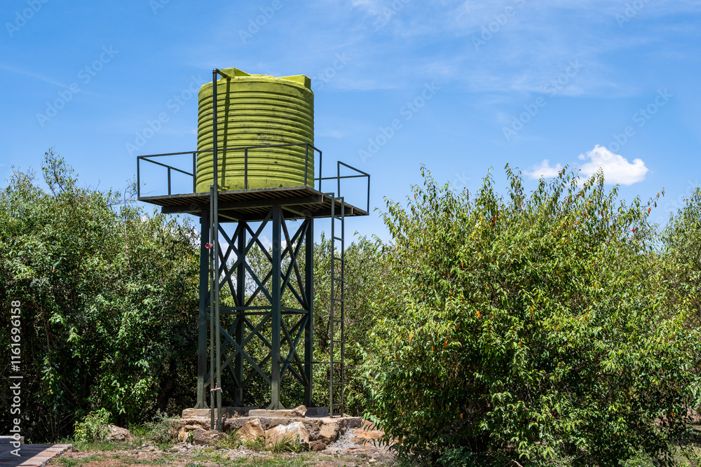 Εκτύπωση καμβά Modern green water raised water tank outside a stone building, in the Maasai Mar
