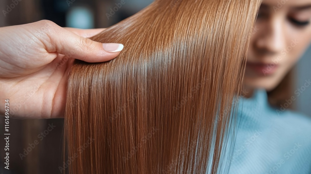 Fototapeta premium Master barber shows healthy texture of client hair after restoration, nutrition and dyeing procedure 