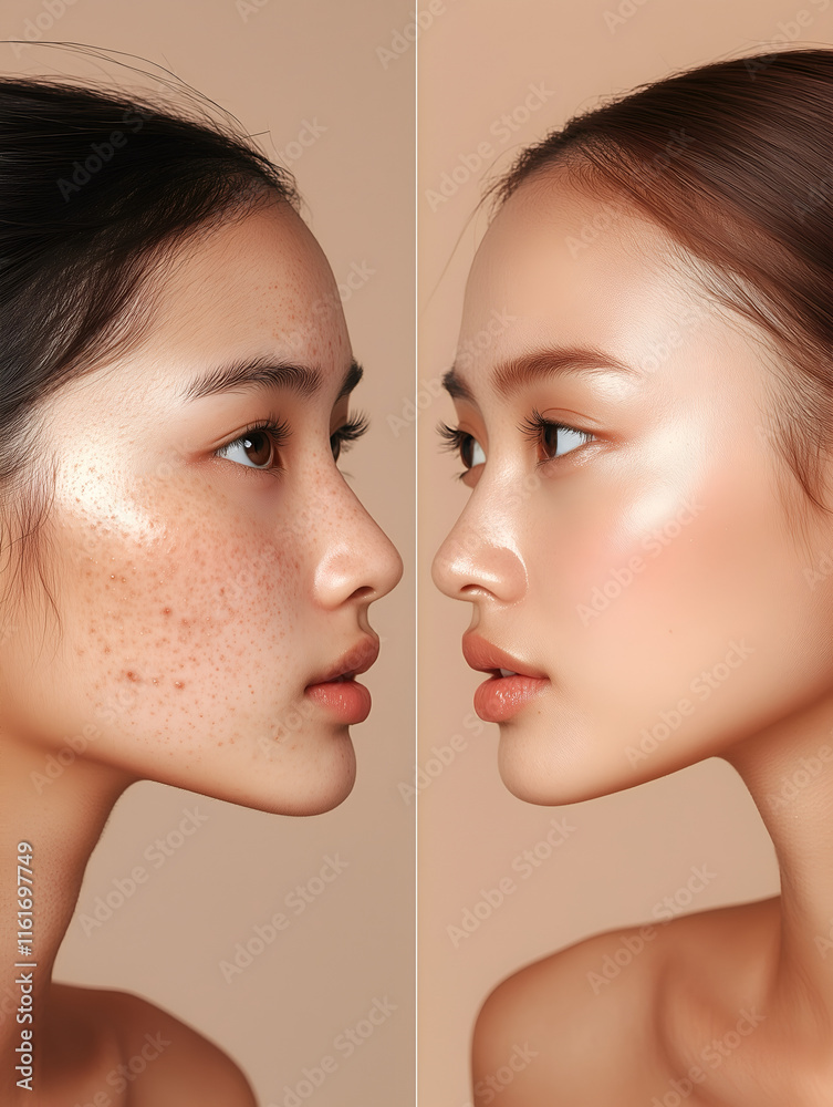 Comparison showcasing the prominent reduction of freckles and moles Comparison showcasing the prominent reduction of freckles and moles
