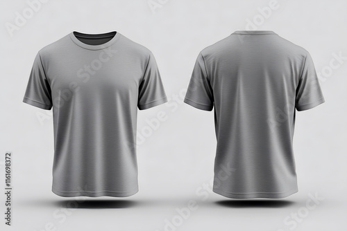 Front and back perspectives of plain grey T shirts on a clean background