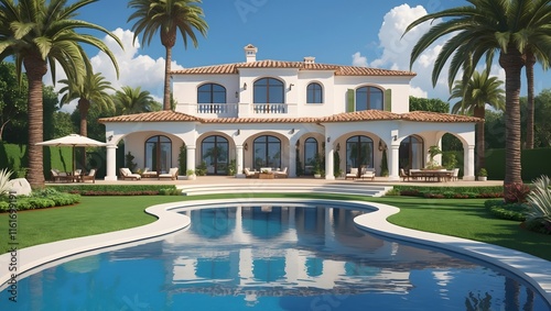 Middle Eastern - Mediterranean style luxury house with swimming pool and large garden. Ai Generative.