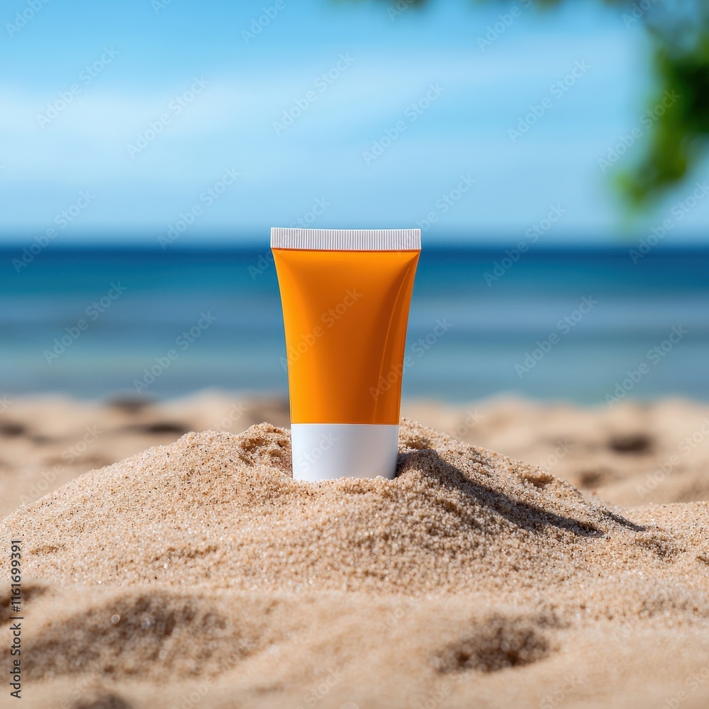 A tube of sunscreen partially buried in warm golden sand on a tranquil beach under a clear blue sky evoking a relaxing summer atmosphere outdoors A tube of sunscreen partially buried in warm golden sand on a tranquil beach under a clear blue sky evoking a relaxing summer atmosphere outdoors